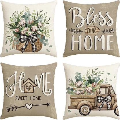 colorlife Bless Our Home Farmhouse Eucalyptus Leaves Throw Pillow Covers, 18 x 18 Inch Truck Home Sweet Home Cushion Case Decorations Set of 4